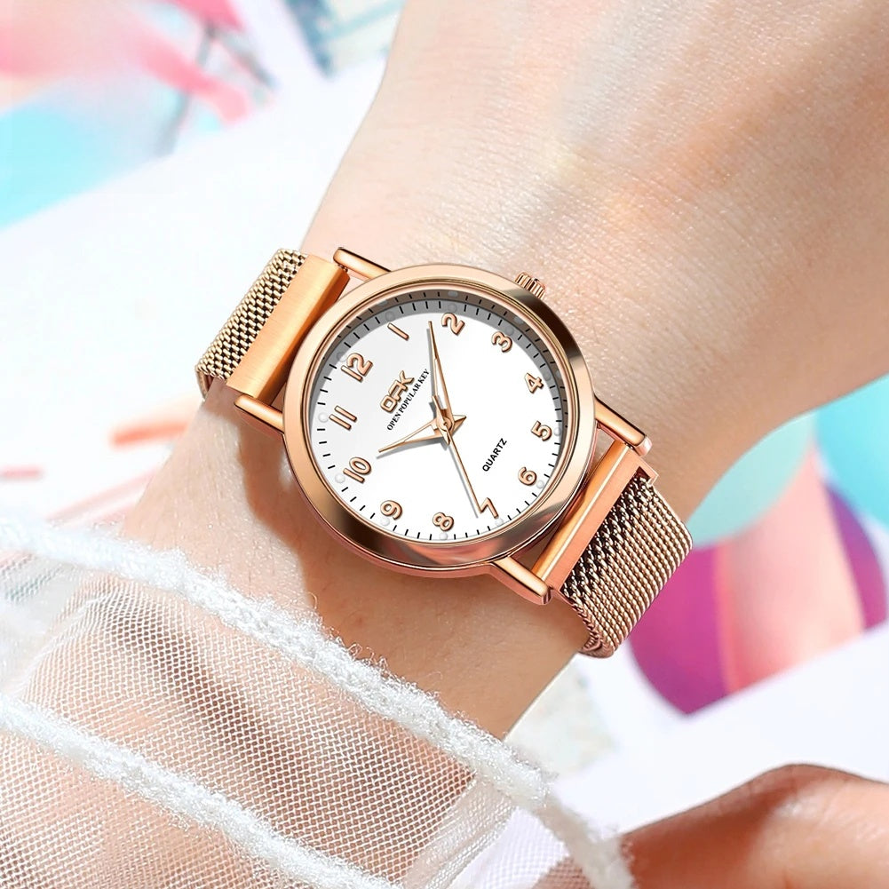 Women's Rose Gold Mesh Quartz Watch Slim Luminous Waterproof