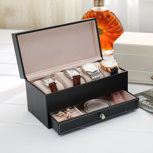 Men's drawer-style 4-seat leather watch display box