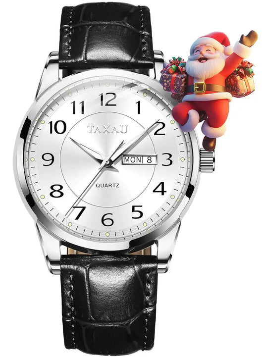 Mens Watch Black Leather Watch White Large Face Business Casual Mens Watches Arabic Number Dial Fashion Simple Dress Mens Wrist Watches Day Date Water Resistant Wrist Watches for Men Reloj Hombre