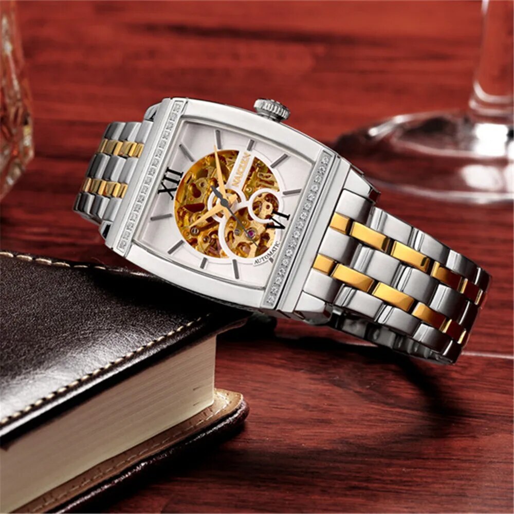 NAKZEN Rectangle Automatic Mechanical Men Watches Unique Design Tourbillon Skeleton Watch Luxury Valuable Male Clock Wrist Watch