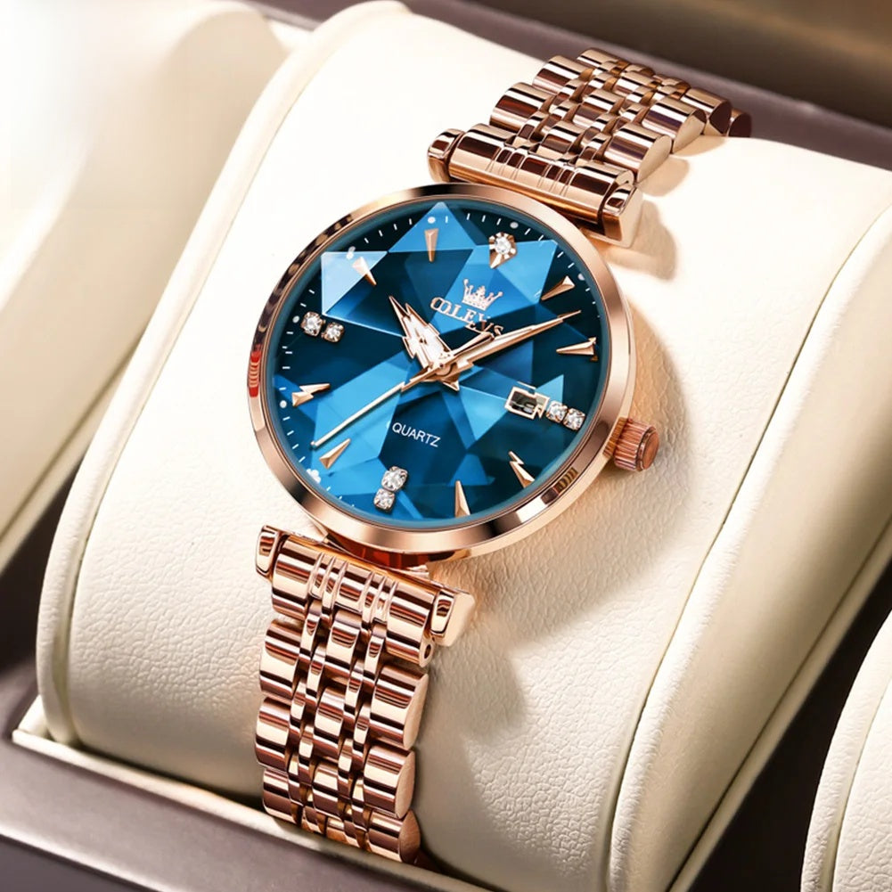 Women's Rose Gold Stainless Steel Watch Blue Dial Zircon