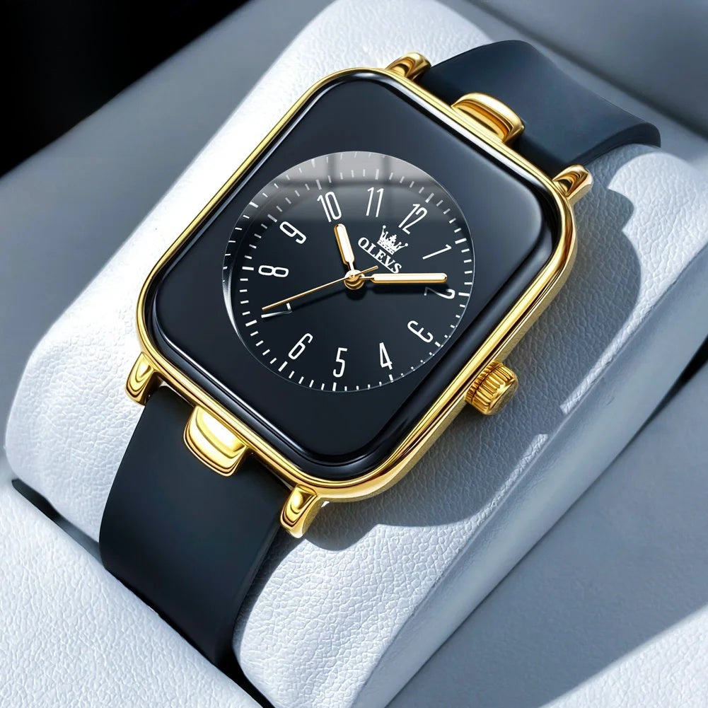 Women's Rectangular Gold Tone Quartz Watch Silicone Strap