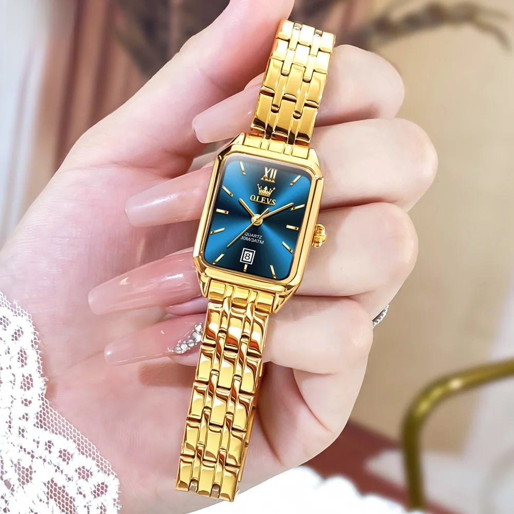 Women's Gold Stainless Steel Rectangular Dress Watch