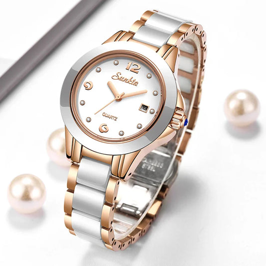Women's Ceramic Stainless Steel Dress Watch With Date