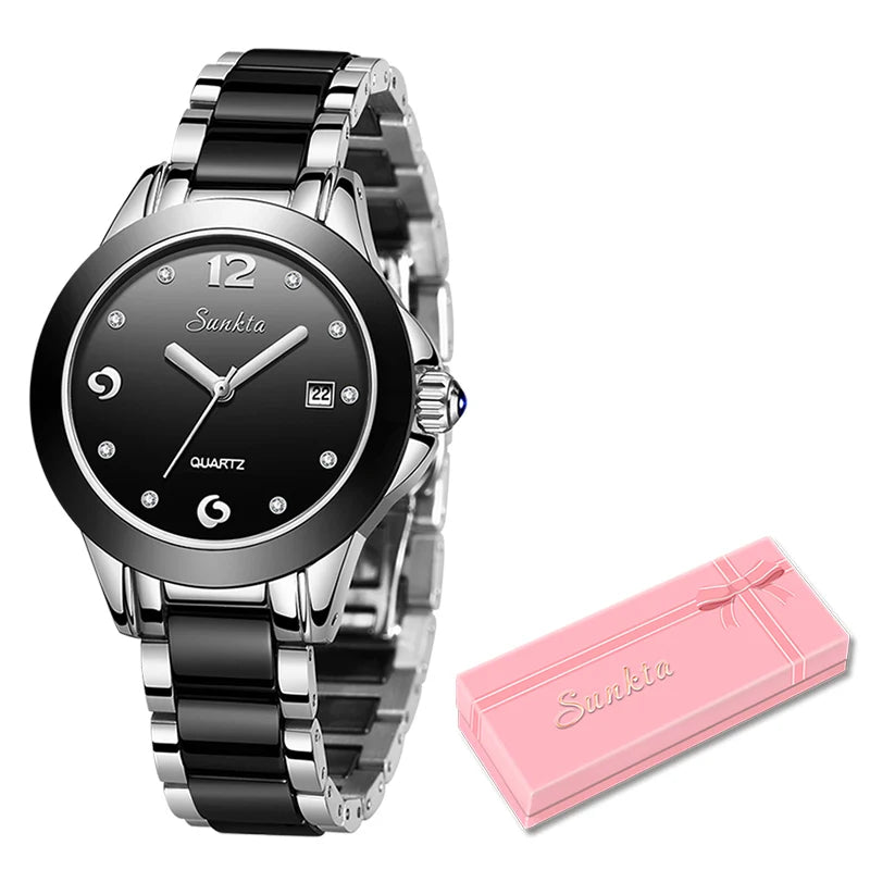 Women's Ceramic Stainless Steel Dress Watch With Date