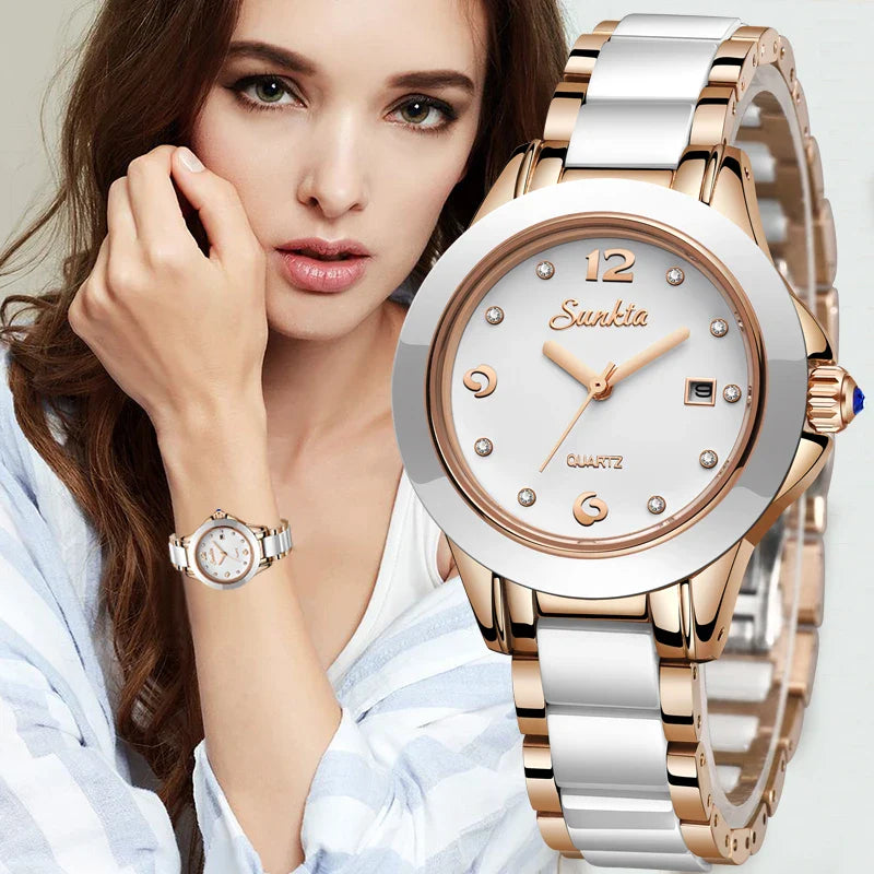 Women's Ceramic Stainless Steel Dress Watch With Date