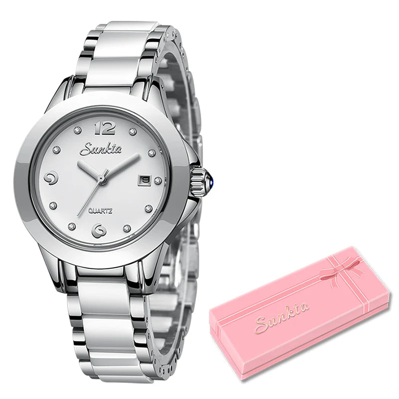 Women's Ceramic Stainless Steel Dress Watch With Date