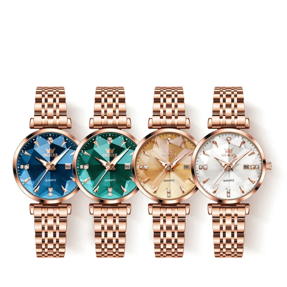 Women's Rose Gold Stainless Steel Watch Blue Dial Zircon