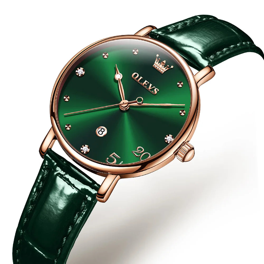 Women's Green Dial Slim Leather Strap Watch Gift