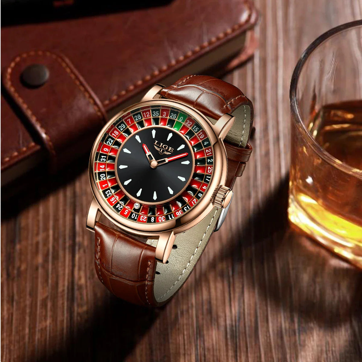Women's Roulette Dial Brown Leather Watch Waterproof