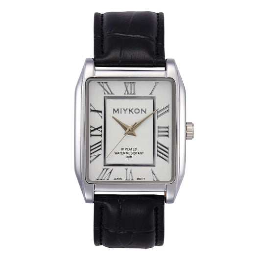 Classic Rectangular Black Genuine Leather Strap Watches for Men - 38mm Ion-Polished Men Watches with Scratch Resistant Glass - 100ft Water Resistant Mens Wrist Watches (Silver Case White Dial Roman Numerals)