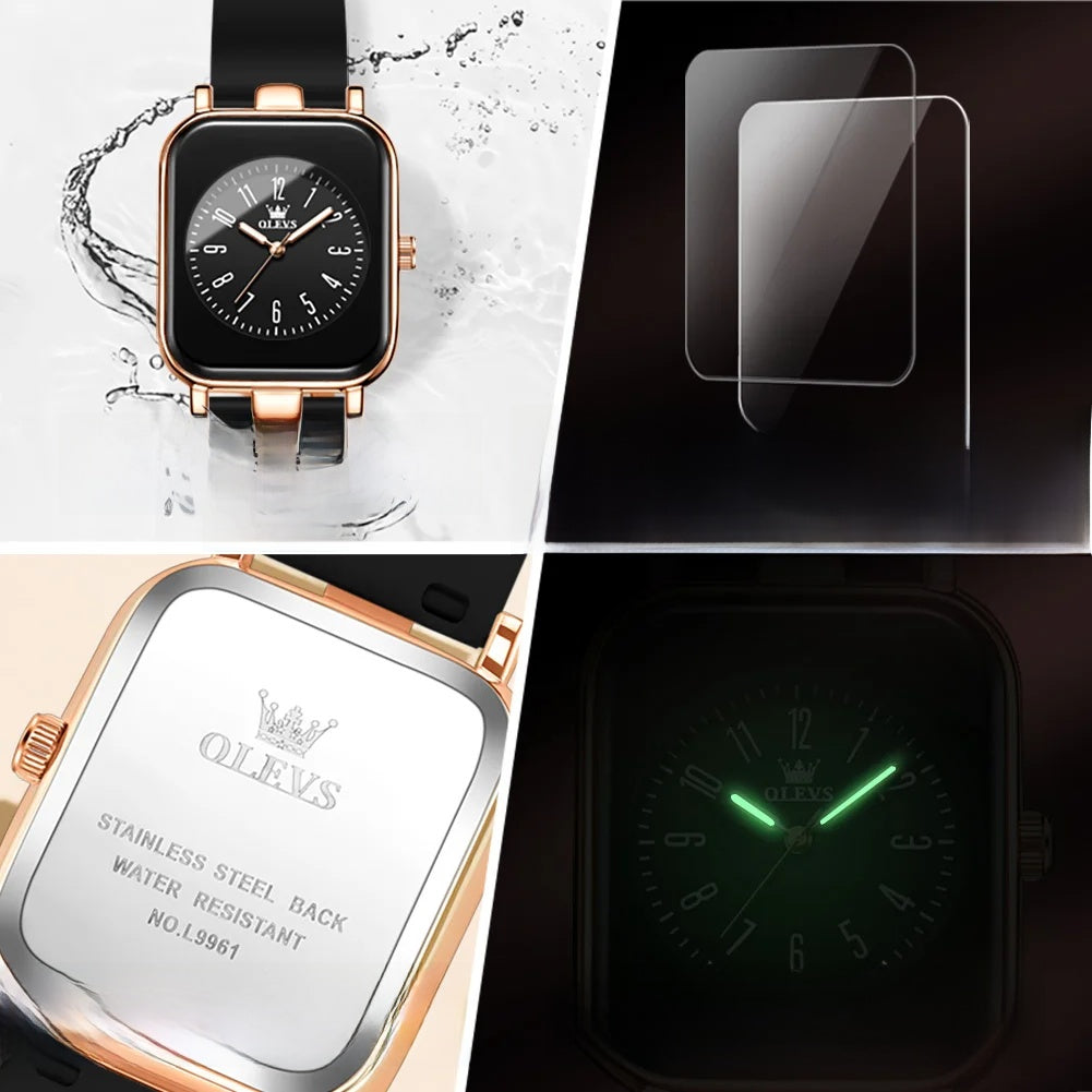 Women's Rectangular Gold Tone Quartz Watch Silicone Strap