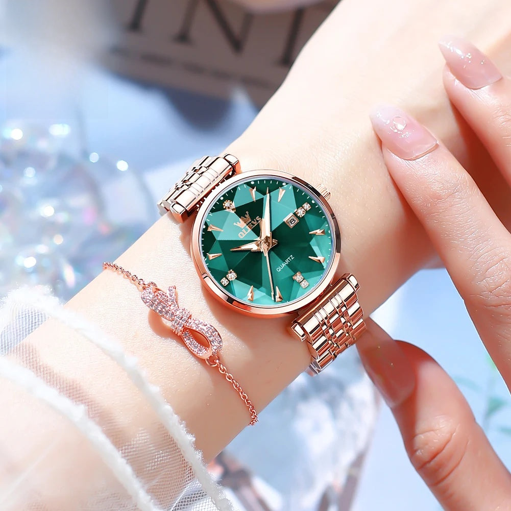 Women's Rose Gold Stainless Steel Watch Blue Dial Zircon