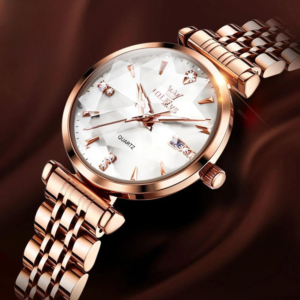 Women's Rose Gold Stainless Steel Watch Blue Dial Zircon