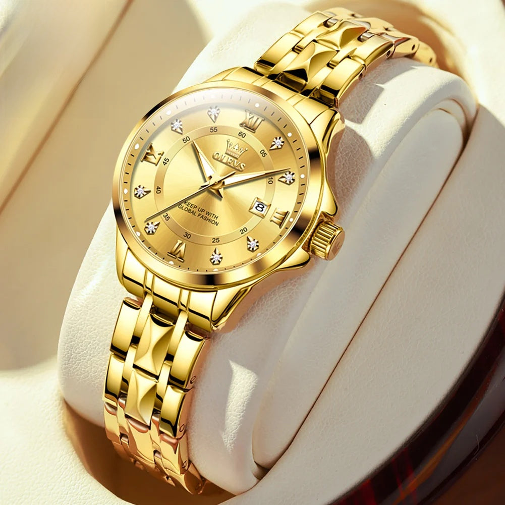 Women's Gold Stainless Steel Slim Luminous Waterproof Watch