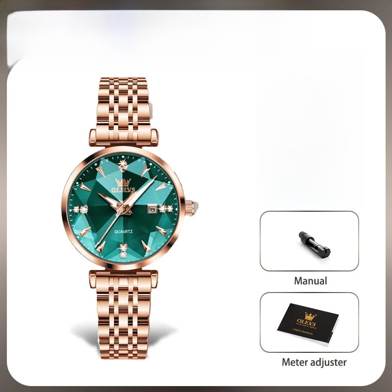 Women's Rose Gold Stainless Steel Watch Blue Dial Zircon