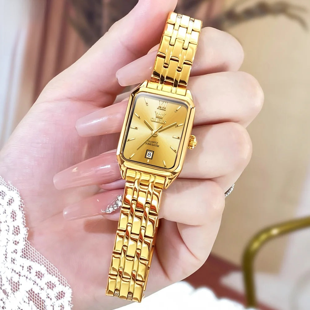 Women's Gold Stainless Steel Rectangular Dress Watch
