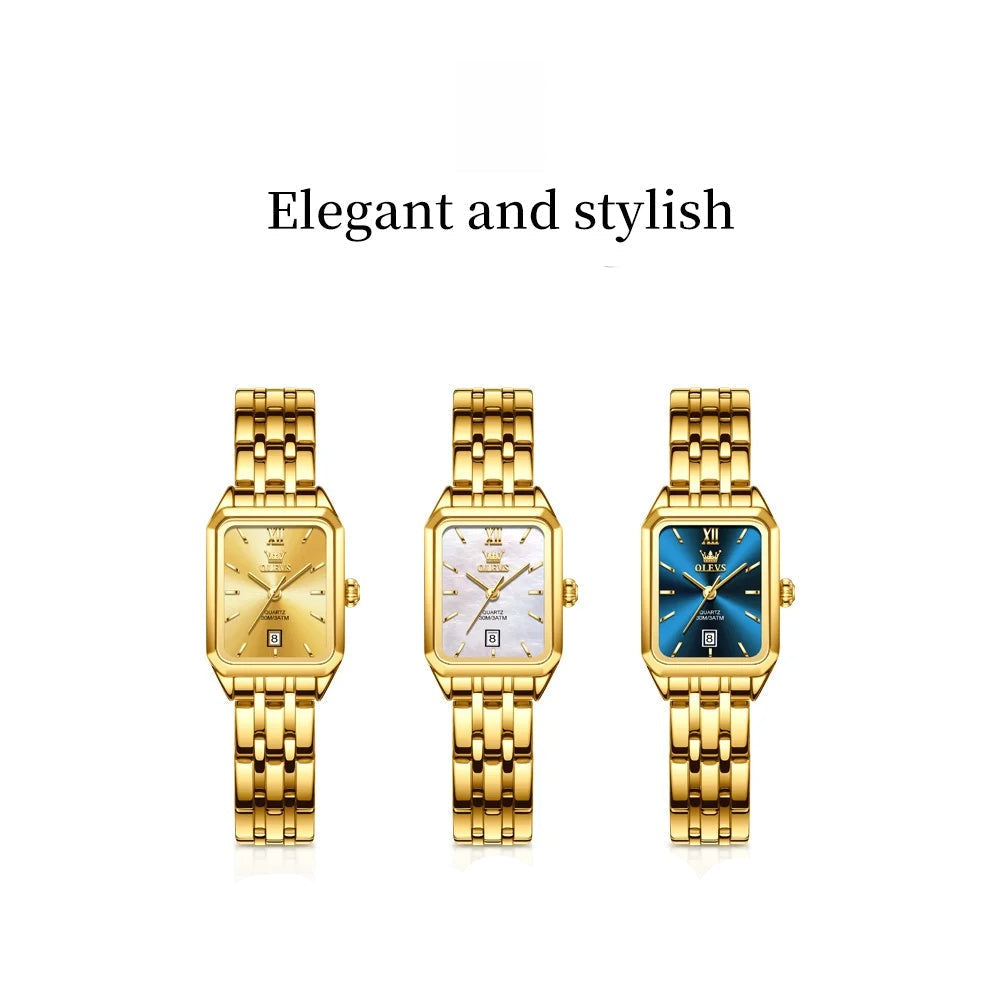 Women's Gold Stainless Steel Rectangular Dress Watch
